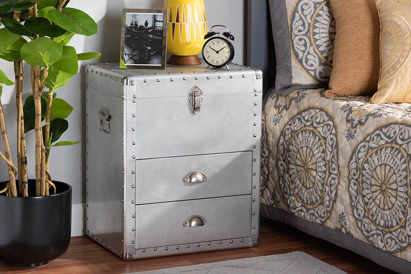 Nadra French Industrial Silver Metal 2-Drawer Accent Storage Cabinet Baxton