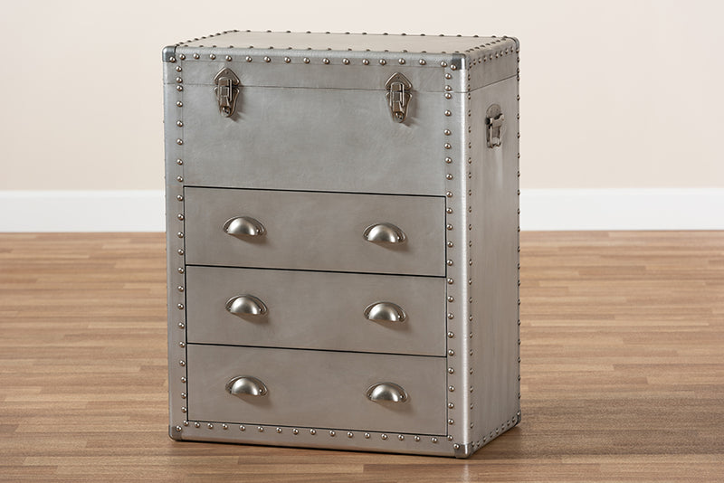 Nadra French Industrial Silver Metal 3-Drawer Accent Storage Cabinet