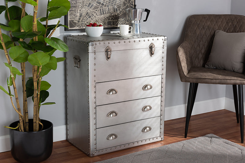 Nadra French Industrial Silver Metal 3-Drawer Accent Storage Cabinet