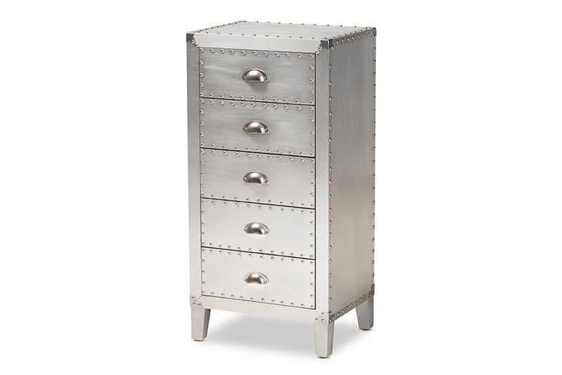 Gellert French Industrial Silver Metal 5-Drawer Accent Storage Cabinet