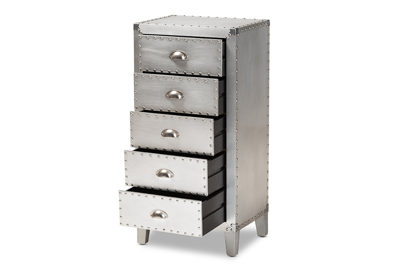 Gellert French Industrial Silver Metal 5-Drawer Accent Storage Cabinet