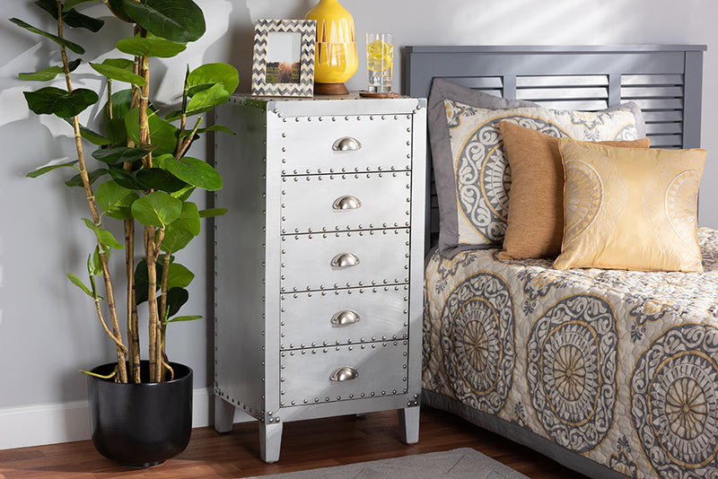 Gellert French Industrial Silver Metal 5-Drawer Accent Storage Cabinet