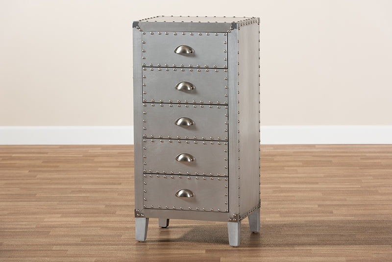 Gellert French Industrial Silver Metal 5-Drawer Accent Storage Cabinet