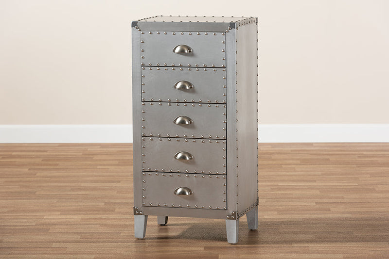 Gellert French Industrial Silver Metal 5-Drawer Accent Storage Cabinet Baxton