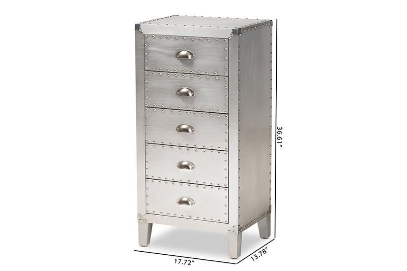 Gellert French Industrial Silver Metal 5-Drawer Accent Storage Cabinet