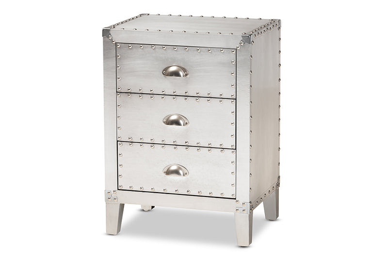 Geona French Industrial Silver Metal 3-Drawer End Table