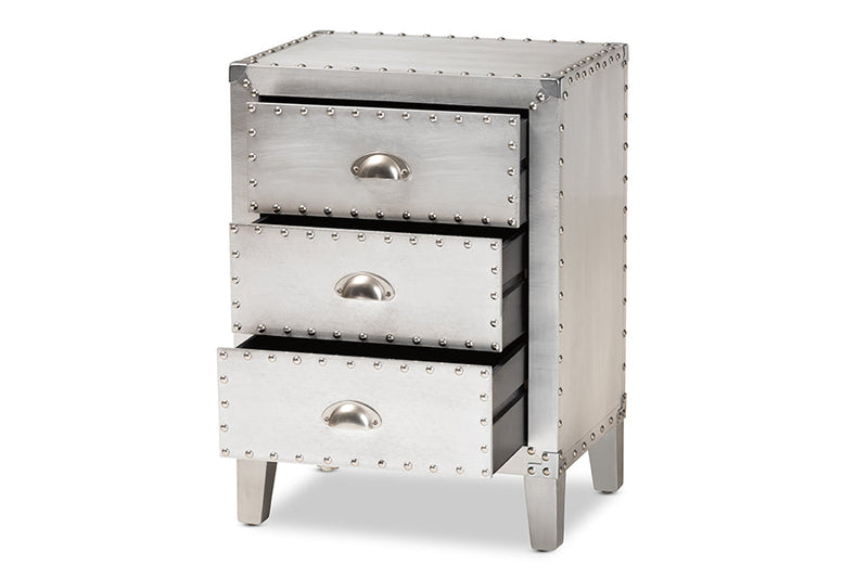 Geona French Industrial Silver Metal 3-Drawer End Table Baxton
