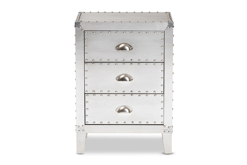 Geona French Industrial Silver Metal 3-Drawer End Table