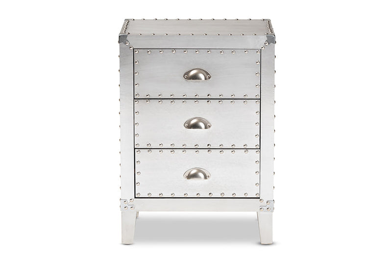 Geona French Industrial Silver Metal 3-Drawer End Table Baxton