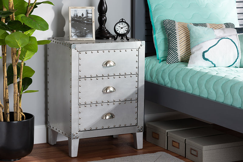 Geona French Industrial Silver Metal 3-Drawer End Table