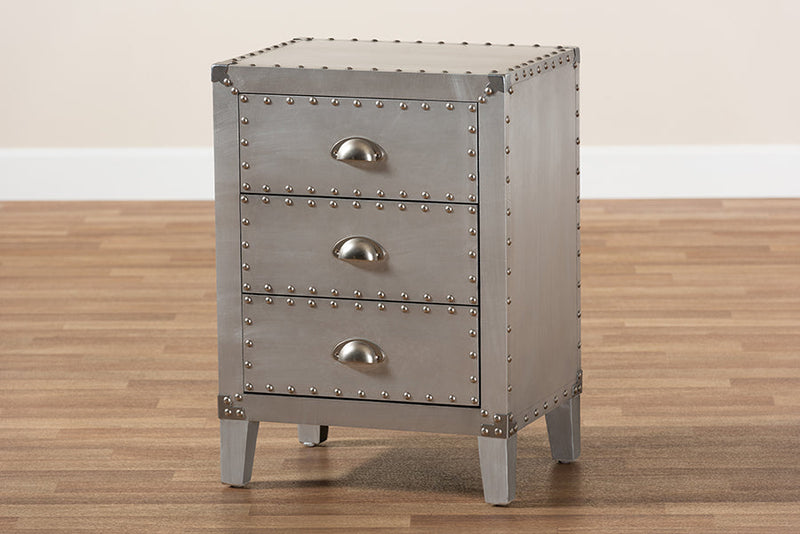 Geona French Industrial Silver Metal 3-Drawer End Table Baxton
