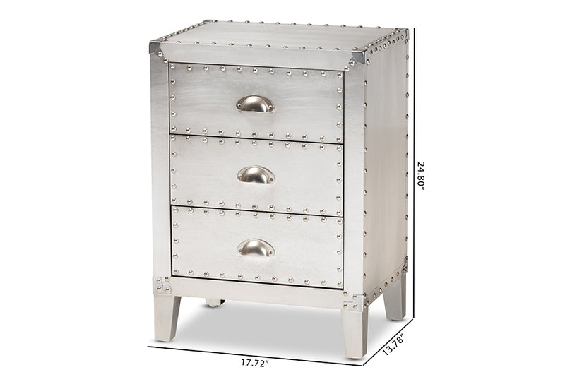 Geona French Industrial Silver Metal 3-Drawer End Table