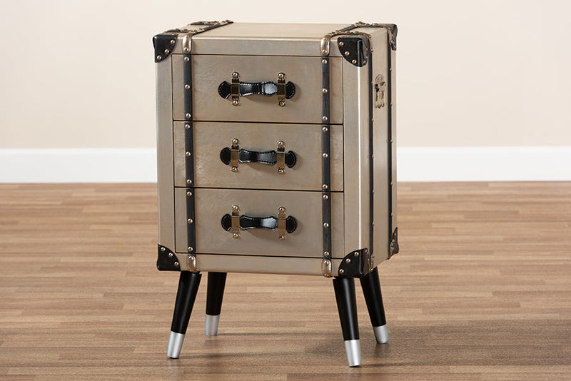 Valencia Antique Silver Finished Metal Trunk Inspired 3-Drawer End Table Baxton