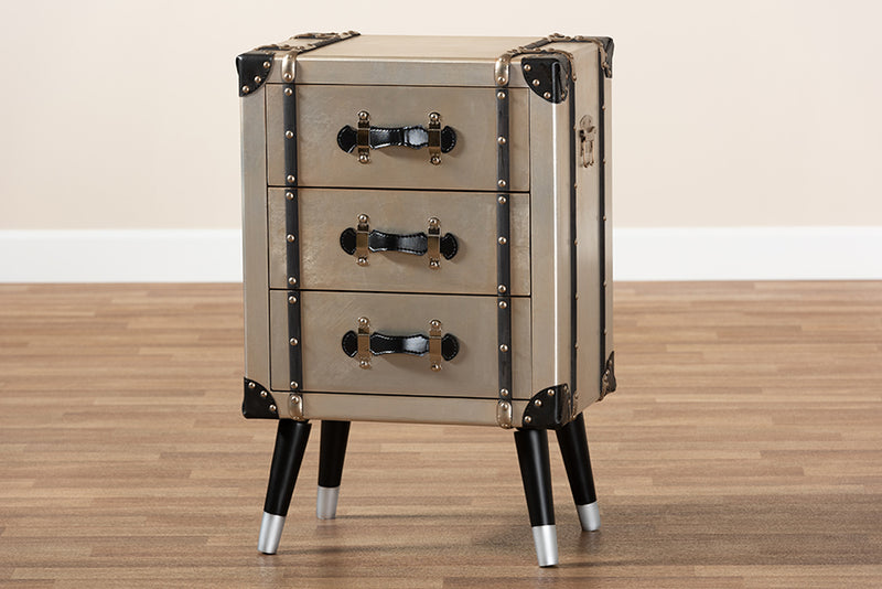 Valencia Vintage Industrial Antique Silver Finished Metal Trunk Inspired 3-Drawer End Table