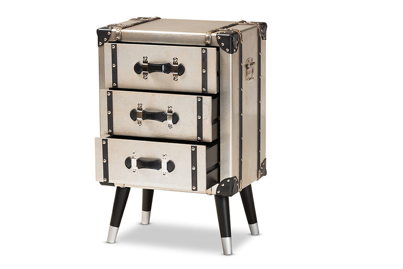 Valencia Antique Silver Finished Metal Trunk Inspired 3-Drawer End Table Baxton