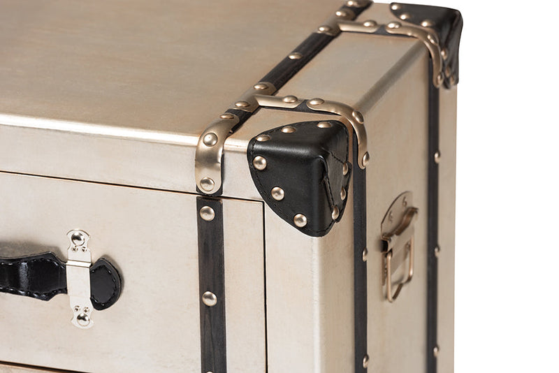 Valencia Antique Silver Finished Metal Trunk Inspired 3-Drawer End Table Baxton