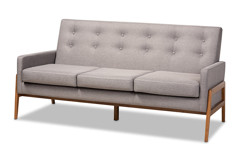 Maddock Mid-Century Modern Light Gray Fabric Upholstered Walnut Finished Wood Sofa