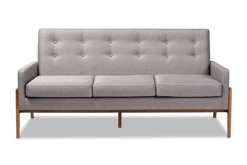 Maddock Mid-Century Modern Light Gray Fabric Upholstered Walnut Finished Wood Sofa