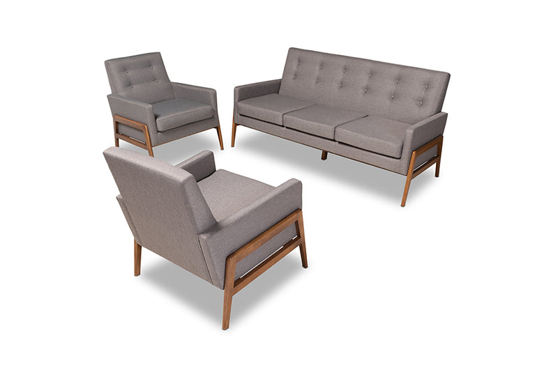 Maddock Mid-Century Modern Light Gray Fabric Upholstered Walnut Finished Wood 3-Piece Living Room Set