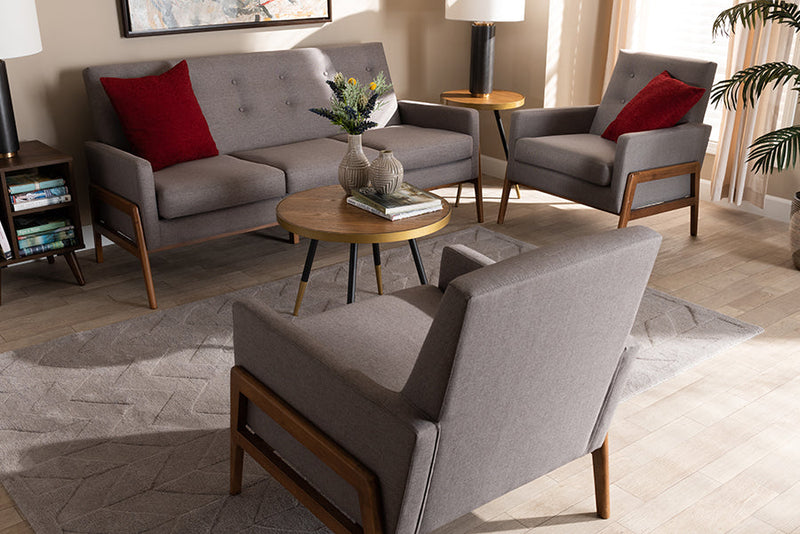 Maddock Light Gray Fabric Upholstered Walnut 3-Piece Living Room Set Baxton