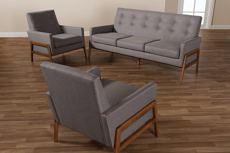 Maddock Mid-Century Modern Light Gray Fabric Upholstered Walnut Finished Wood 3-Piece Living Room Set