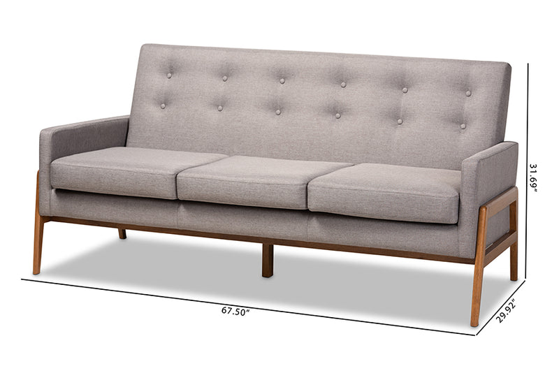 Maddock Mid-Century Modern Light Gray Fabric Upholstered Walnut Finished Wood Sofa