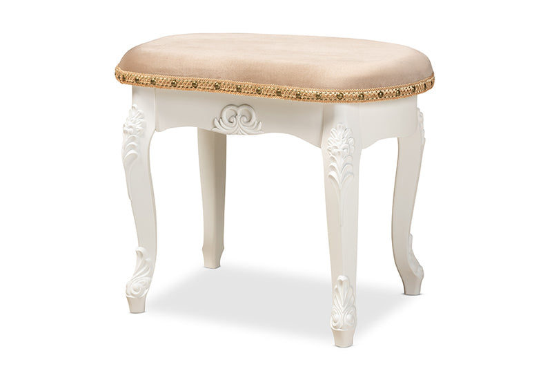 Aniceta Traditional French Country Sand Velvet Fabric Upholstered White-Finished Wood Vanity Ottoman