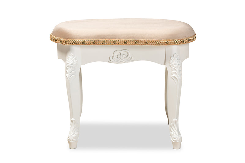 Aniceta Traditional French Country Sand Velvet Fabric Upholstered White-Finished Wood Vanity Ottoman