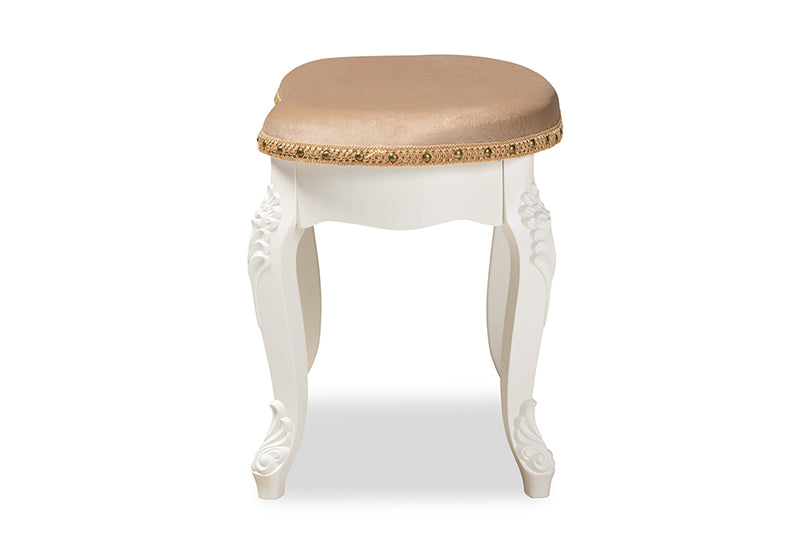 Aniceta Traditional French Country Sand Velvet Fabric Upholstered White-Finished Wood Vanity Ottoman