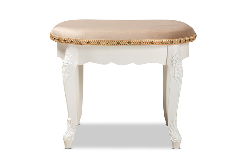 Aniceta Traditional French Country Sand Velvet Fabric Upholstered White-Finished Wood Vanity Ottoman