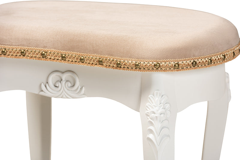 Aniceta Traditional French Country Sand Velvet Fabric Upholstered White-Finished Wood Vanity Ottoman