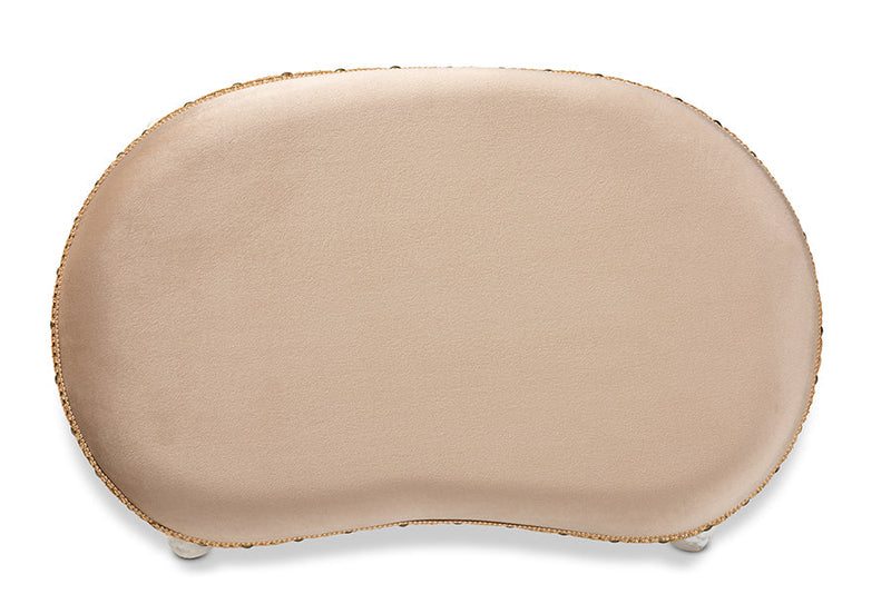Aniceta Country Sand Velvet Fabric Upholstered White-Vanity Ottoman Baxton