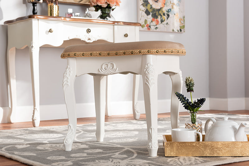 Aniceta Traditional French Country Sand Velvet Fabric Upholstered White-Finished Wood Vanity Ottoman