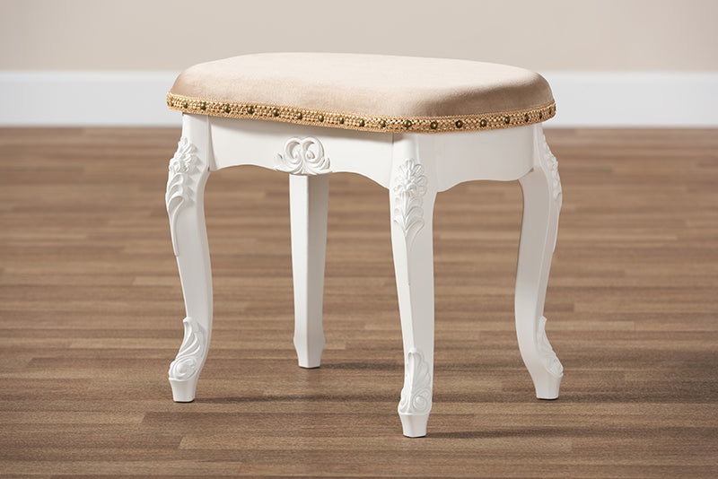 Aniceta Traditional French Country Sand Velvet Fabric Upholstered White-Finished Wood Vanity Ottoman