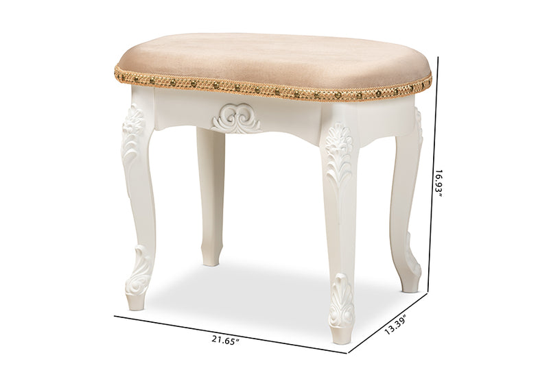 Aniceta Traditional French Country Sand Velvet Fabric Upholstered White-Finished Wood Vanity Ottoman