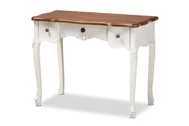 Ines Classic Traditional French Country White and Brown Finished Small 3-Drawer Wood Console Table