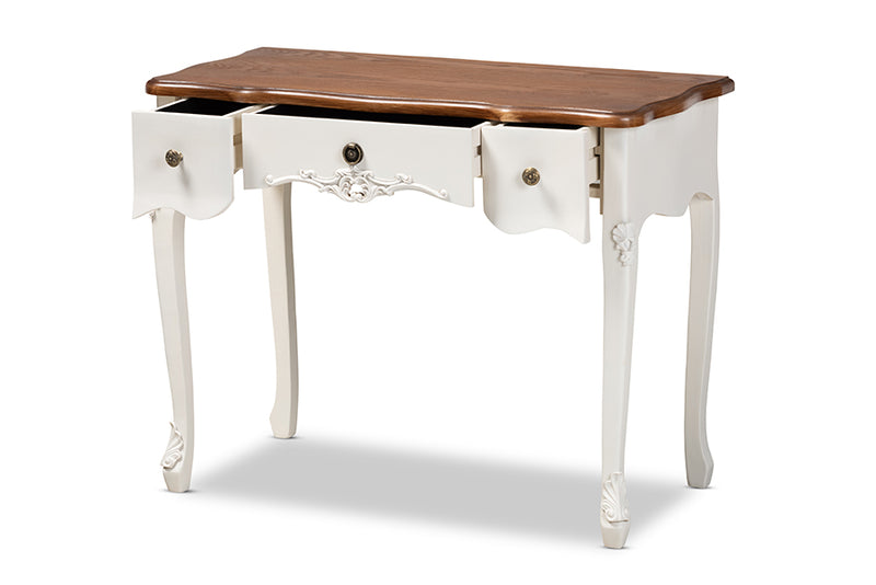 Ines Classic Traditional French Country White and Brown Finished Small 3-Drawer Wood Console Table