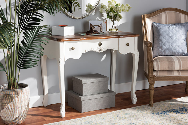 Ines Classic Traditional French Country White and Brown Finished Small 3-Drawer Wood Console Table