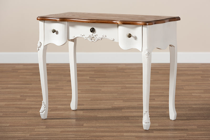 Ines Classic Traditional French Country White and Brown Finished Small 3-Drawer Wood Console Table