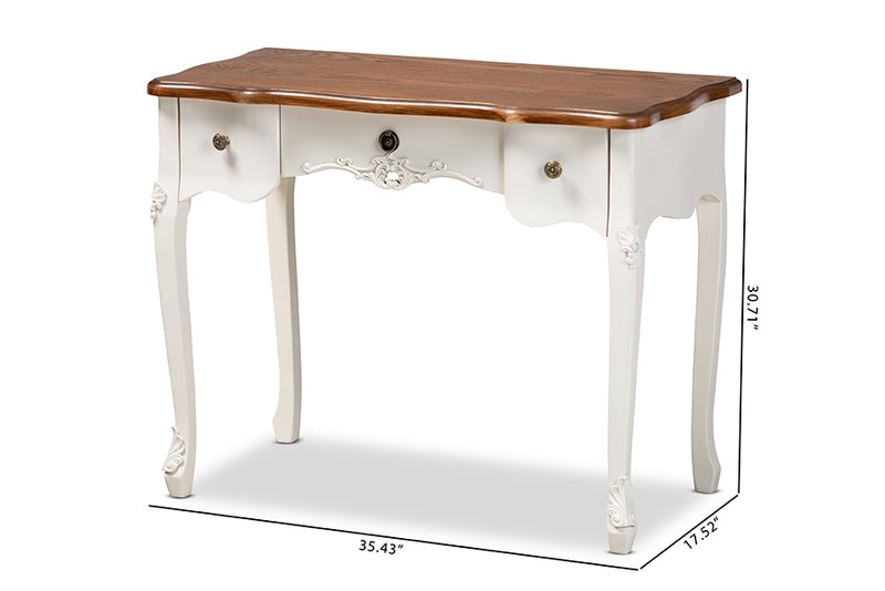 Ines Classic Traditional French Country White and Brown Finished Small 3-Drawer Wood Console Table