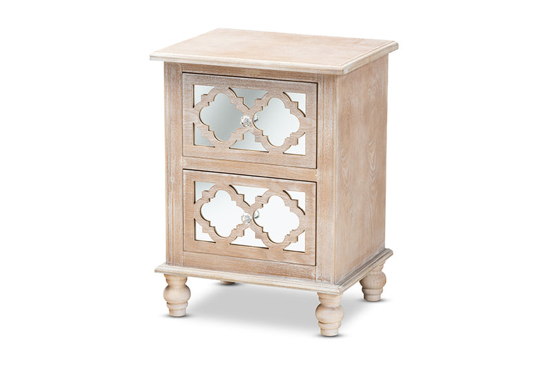 Overton Transitional Rustic French Country White-Washed Wood and Mirror 2-Drawer Quatrefoil End Table