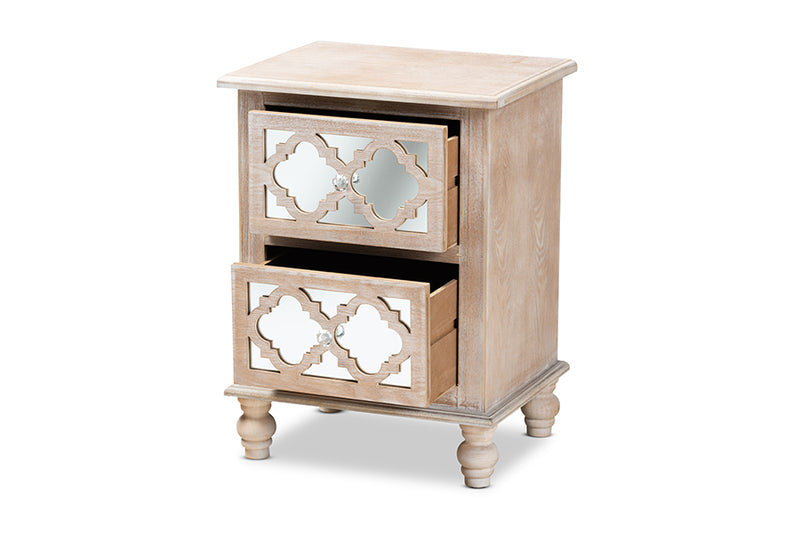 Overton Transitional Rustic French Country White-Washed Wood and Mirror 2-Drawer Quatrefoil End Table