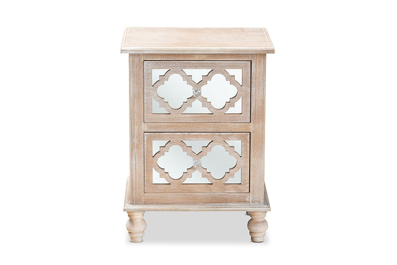 Overton White-Washed Wood and Mirror 2-Drawer Quatrefoil End Table Baxton