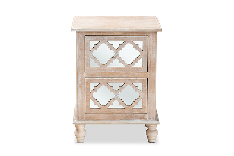 Overton Transitional Rustic French Country White-Washed Wood and Mirror 2-Drawer Quatrefoil End Table