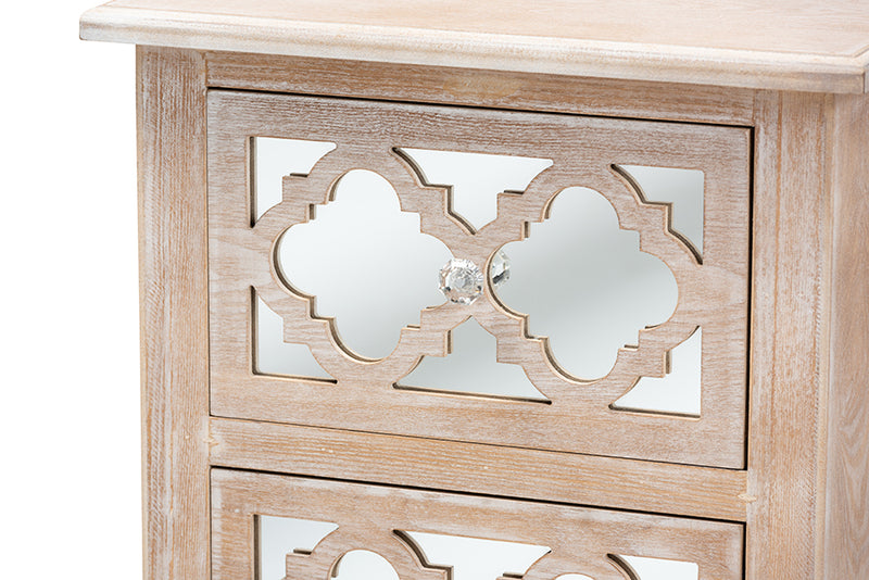 Overton Transitional Rustic French Country White-Washed Wood and Mirror 2-Drawer Quatrefoil End Table