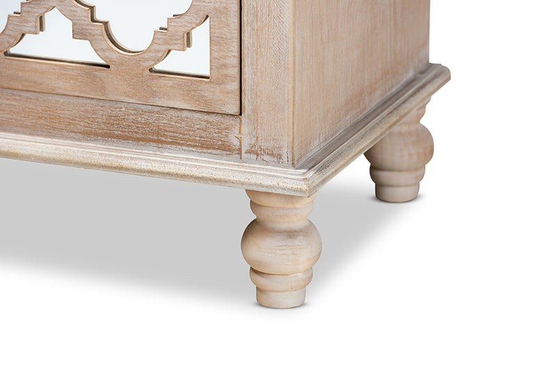 Overton Transitional Rustic French Country White-Washed Wood and Mirror 2-Drawer Quatrefoil End Table