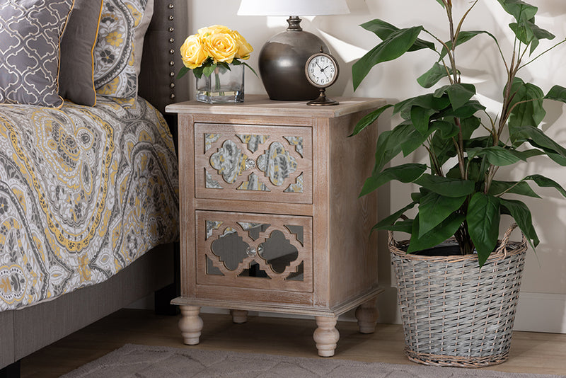 Overton Transitional Rustic French Country White-Washed Wood and Mirror 2-Drawer Quatrefoil End Table