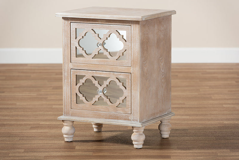 Overton White-Washed Wood and Mirror 2-Drawer Quatrefoil End Table Baxton