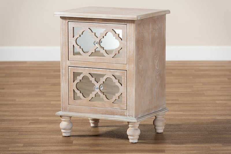 Overton Transitional Rustic French Country White-Washed Wood and Mirror 2-Drawer Quatrefoil End Table