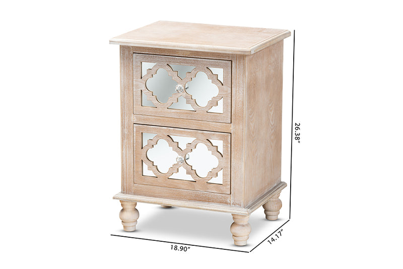 Overton Transitional Rustic French Country White-Washed Wood and Mirror 2-Drawer Quatrefoil End Table